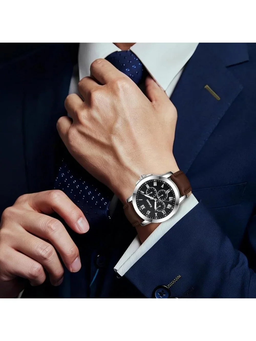Men's Brown Black Analog Quartz Leather Classic Roman Numeral Waterproof Watch